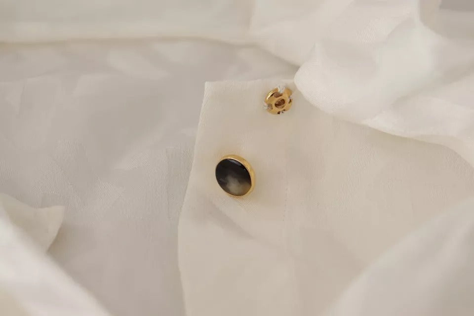 Weißes gemustertes Blusentop aus Seide mit Ascot-Kragen