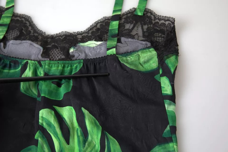 Schwarzes Seiden-Camisole mit Philodendron-Print