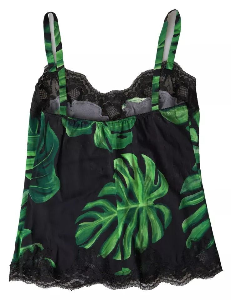 Schwarzes Seiden-Camisole mit Philodendron-Print