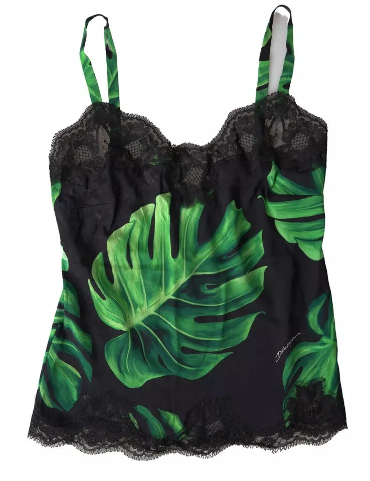 Schwarzes Seiden-Camisole mit Philodendron-Print