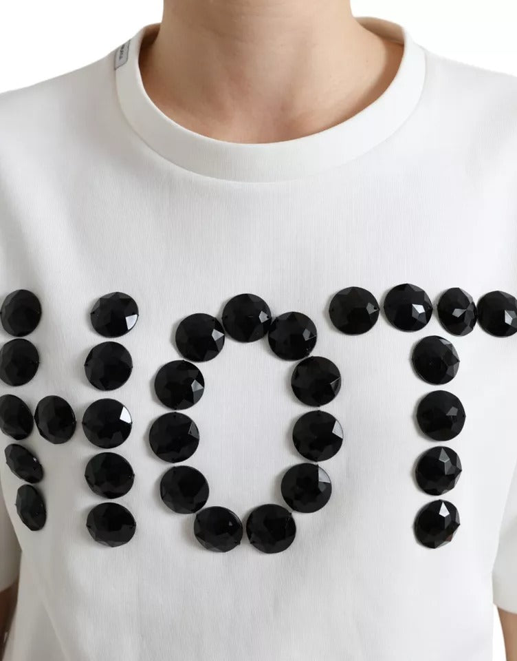 Weißes Baumwoll-Stretch-T-Shirt mit schwarzem HOT Crystal