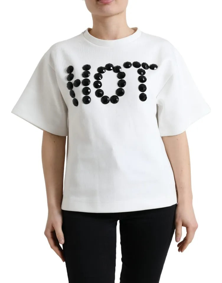 Weißes Baumwoll-Stretch-T-Shirt mit schwarzem HOT Crystal