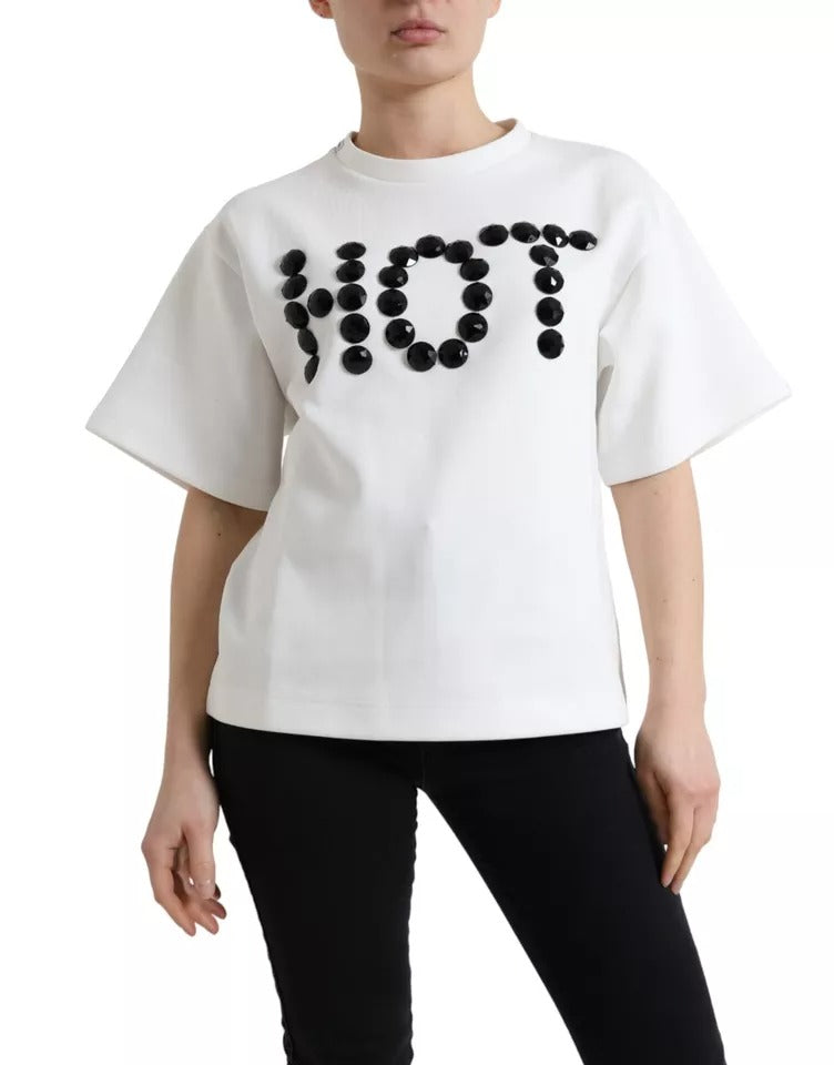 Weißes Baumwoll-Stretch-T-Shirt mit schwarzem HOT Crystal