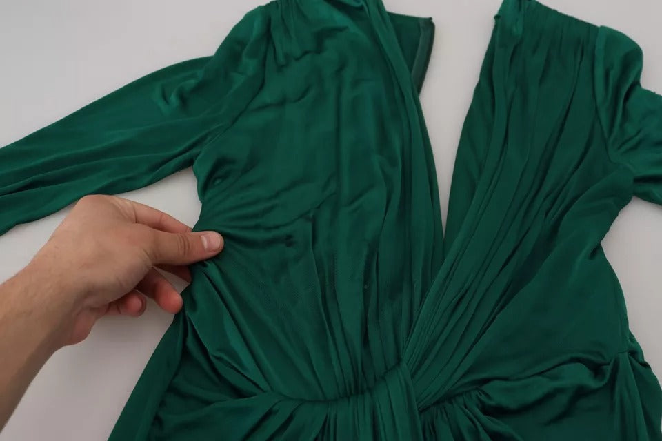 Dunkelgrünes Viskose-Midikleid mit langen Ärmeln