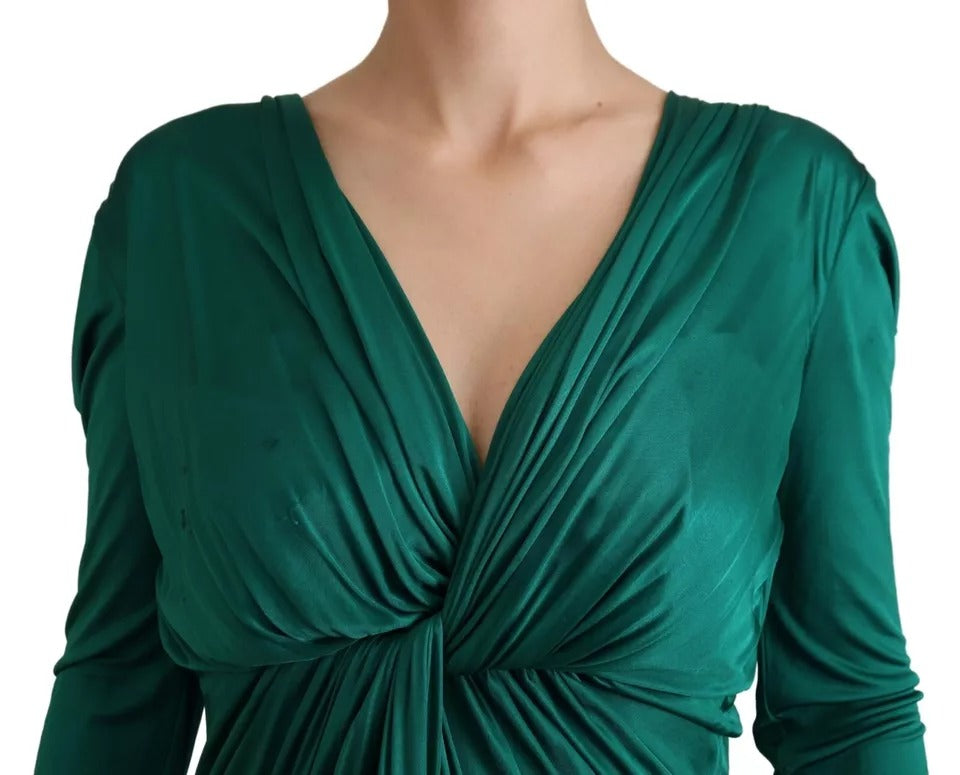 Dunkelgrünes Viskose-Midikleid mit langen Ärmeln