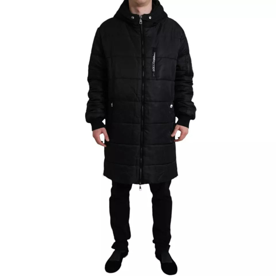 Schwarzer Nylon-Parka mit Kapuze, Winterjacke