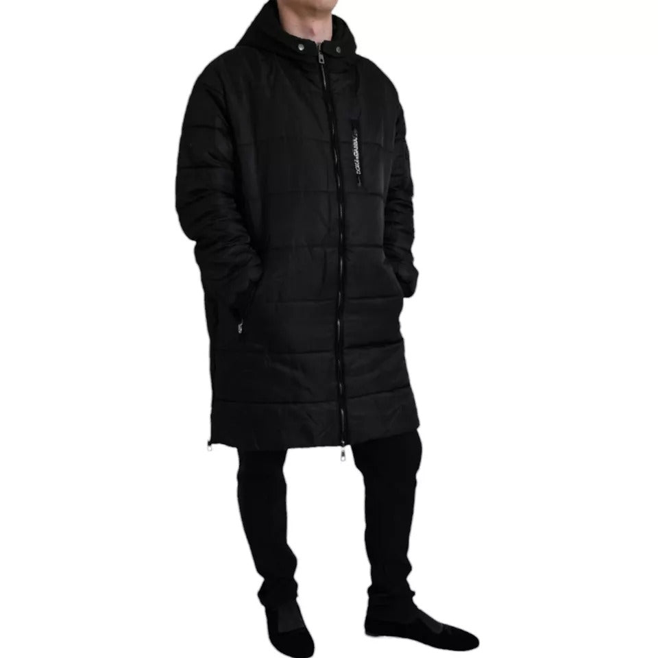 Schwarzer Nylon-Parka mit Kapuze, Winterjacke
