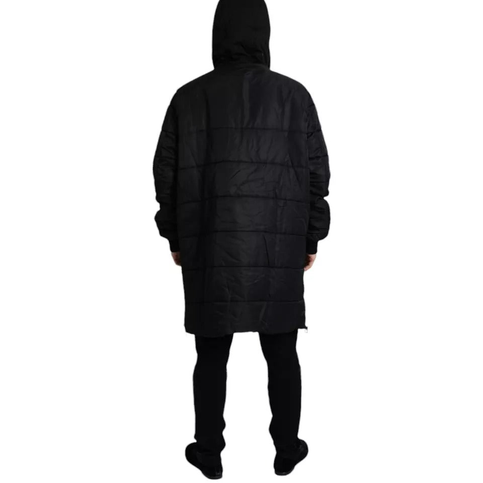 Schwarzer Nylon-Parka mit Kapuze, Winterjacke
