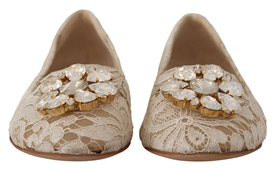 Beige Spitze Kristall Ballerinas Loafers Schuhe