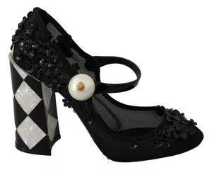 Schwarze Mary Janes Pumps mit Blumenverzierung