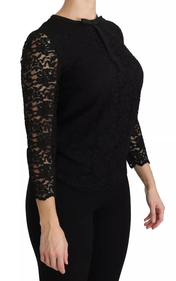 Schwarze Langarmbluse aus Spitze, Nylon-Top