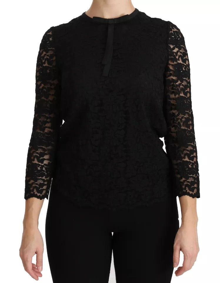 Schwarze Langarmbluse aus Spitze, Nylon-Top