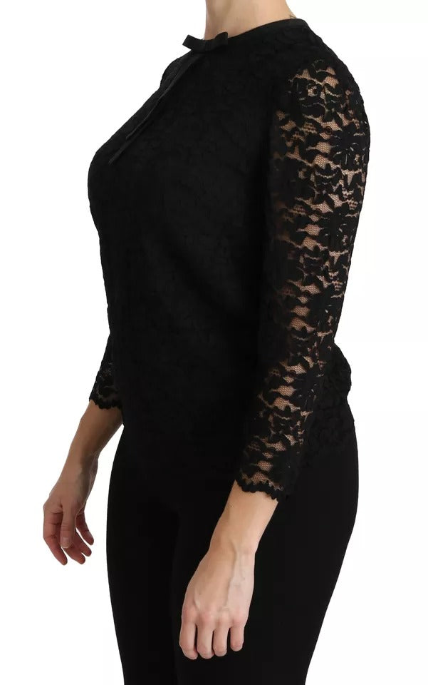 Schwarze Langarmbluse aus Spitze, Nylon-Top