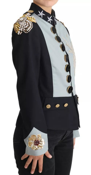 Blaue Baumwolljacke mit Knöpfen und Kristallverzierung