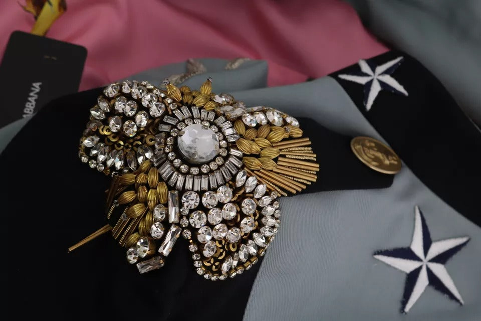 Blaue Baumwolljacke mit Knöpfen und Kristallverzierung