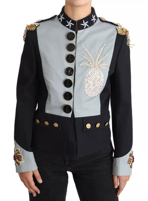 Blaue Baumwolljacke mit Knöpfen und Kristallverzierung