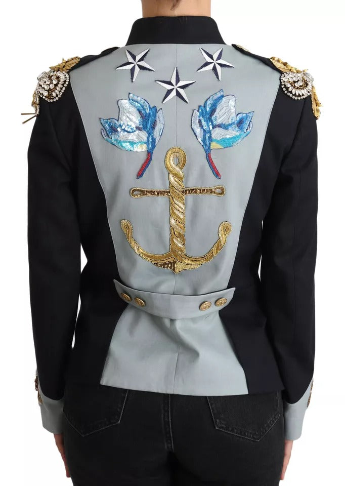 Blaue Baumwolljacke mit Knöpfen und Kristallverzierung