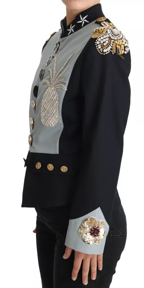 Blaue Baumwolljacke mit Knöpfen und Kristallverzierung