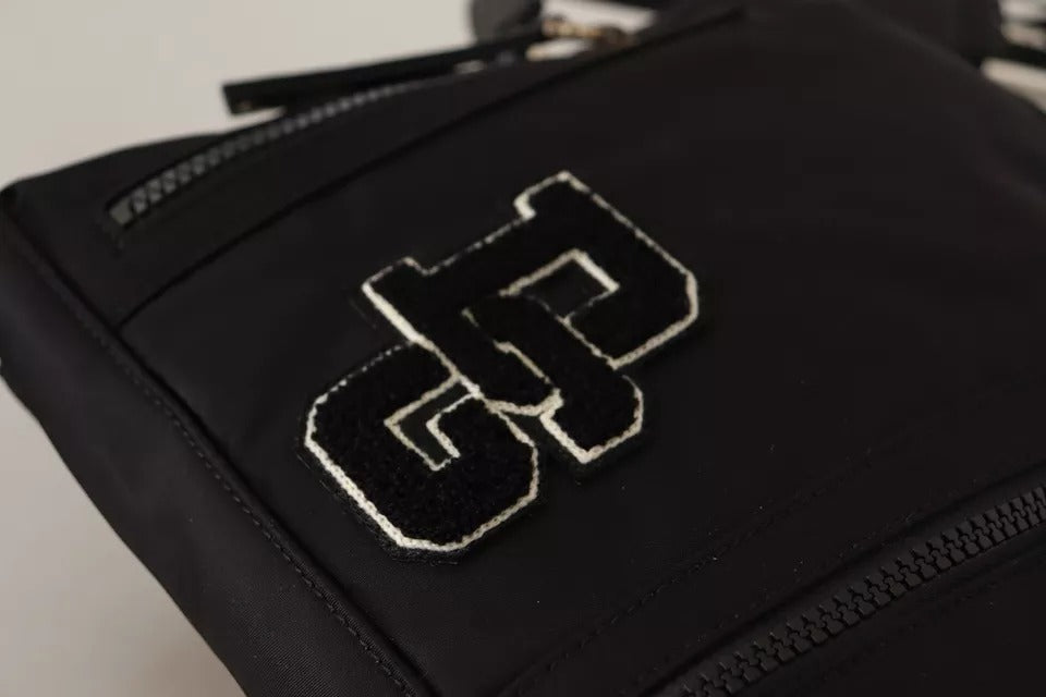 Schwarze Messenger-Umhängetasche aus Nylon und Leder mit DG-Logoaufnäher
