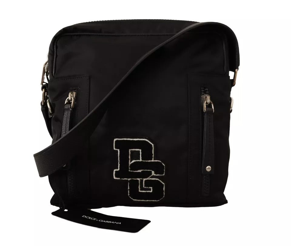 Schwarze Messenger-Umhängetasche aus Nylon und Leder mit DG-Logoaufnäher