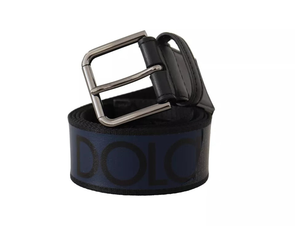Blau-schwarzer Gürtel mit Logo-Print und silberner Schnalle