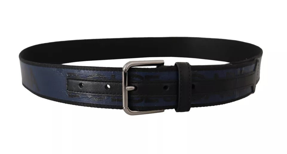 Blau-schwarzer Gürtel mit Logo-Print und silberner Schnalle