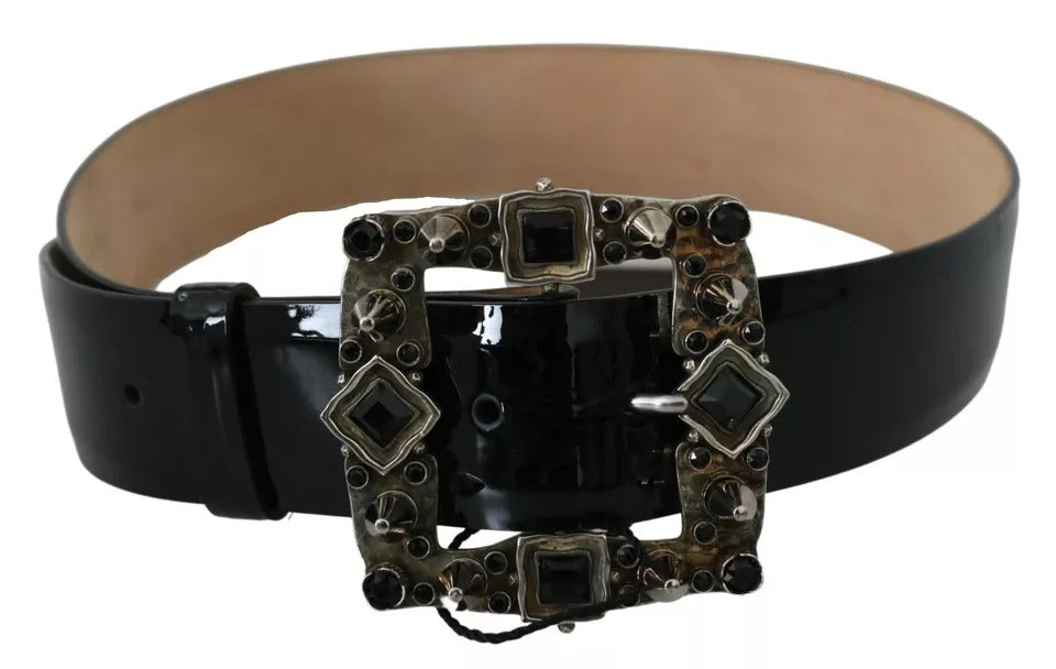Schwarzer Gürtel aus glänzendem Leder mit Kristall-Logoschnalle