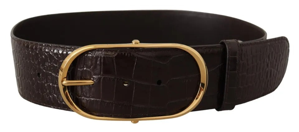 Brauner Ledergürtel mit Krokodilmuster und goldener ovaler Schnalle