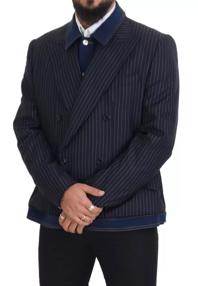 Blau gestreifter zweireihiger Jeansblazer