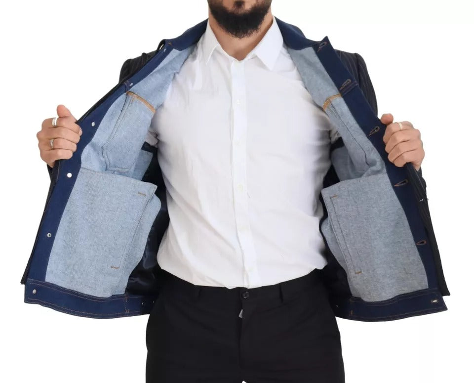 Blau gestreifter zweireihiger Jeansblazer