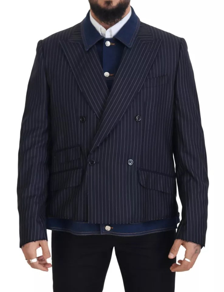 Blau gestreifter zweireihiger Jeansblazer