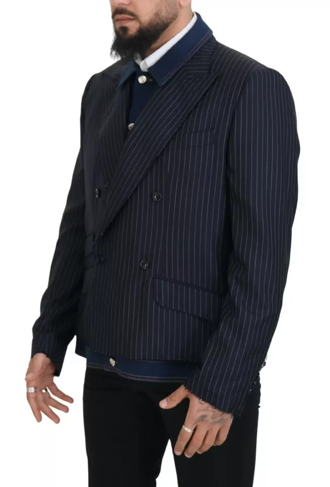 Blau gestreifter zweireihiger Jeansblazer