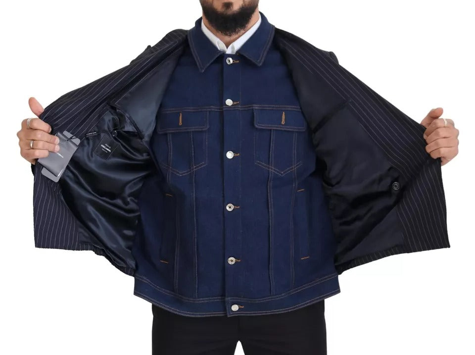 Blau gestreifter zweireihiger Jeansblazer