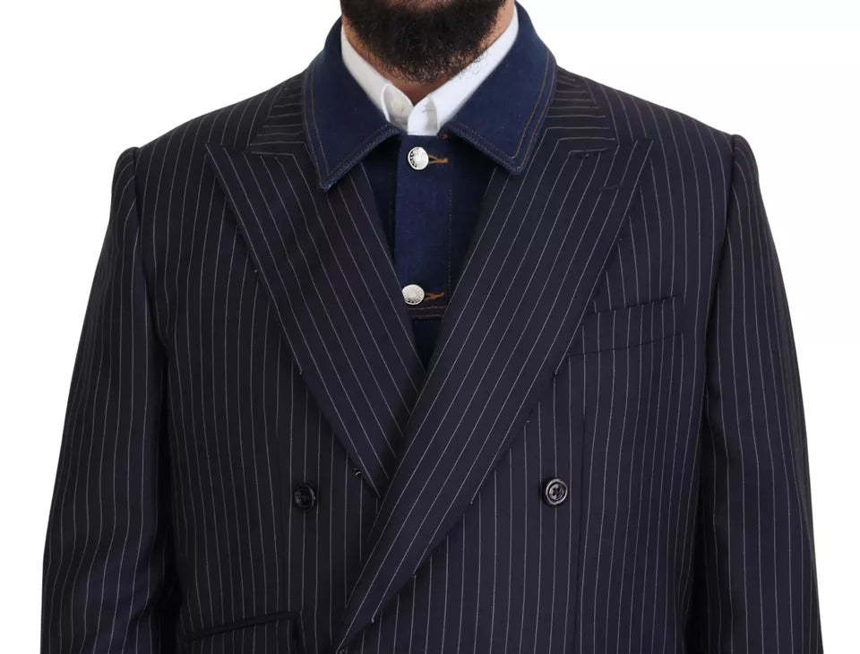 Blau gestreifter zweireihiger Jeansblazer