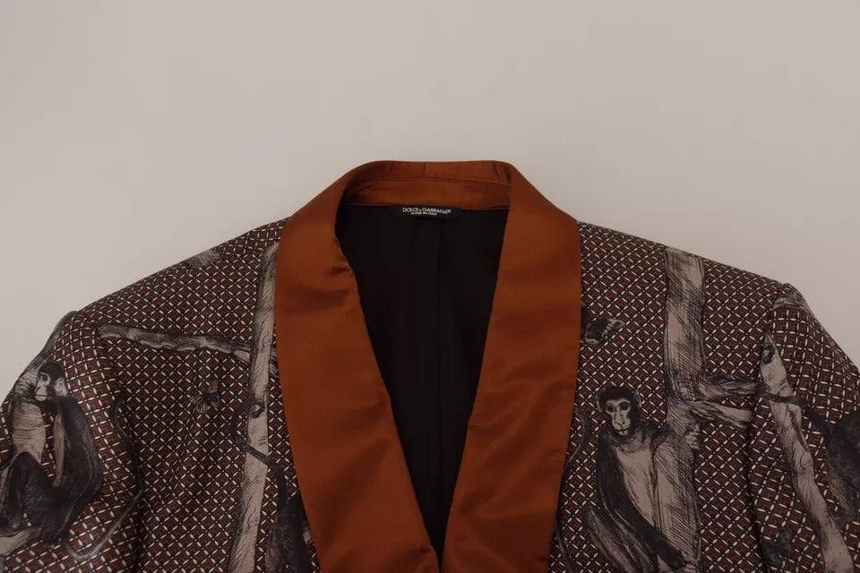 Bronzefarbener, schmaler Blazer aus Seide mit Affen-Print