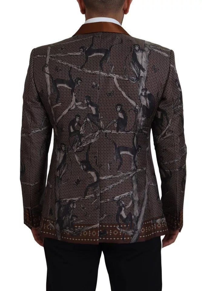 Bronzefarbener, schmaler Blazer aus Seide mit Affen-Print