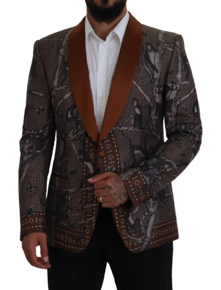 Bronzefarbener, schmaler Blazer aus Seide mit Affen-Print