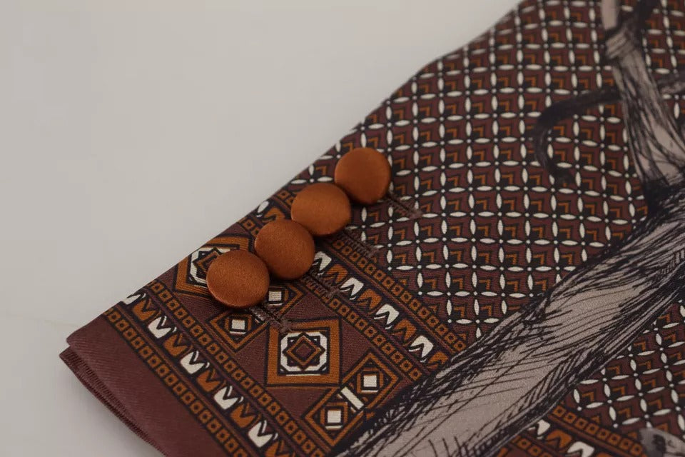 Bronzefarbener, schmaler Blazer aus Seide mit Affen-Print