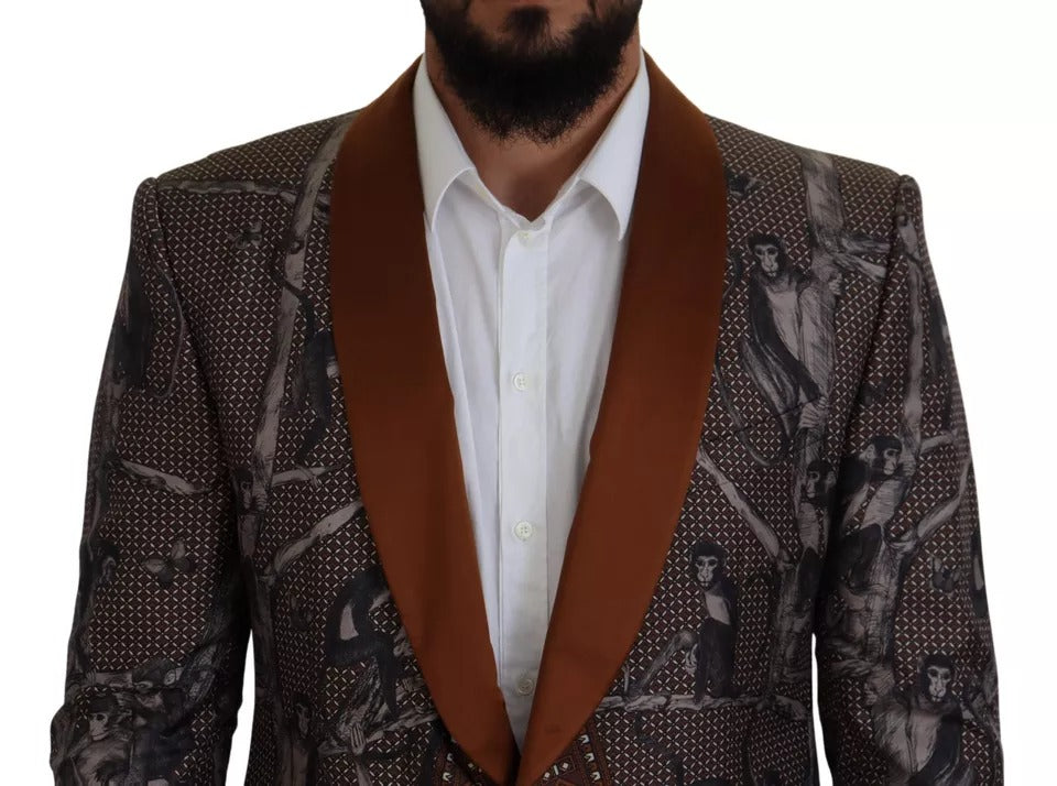 Bronzefarbener, schmaler Blazer aus Seide mit Affen-Print