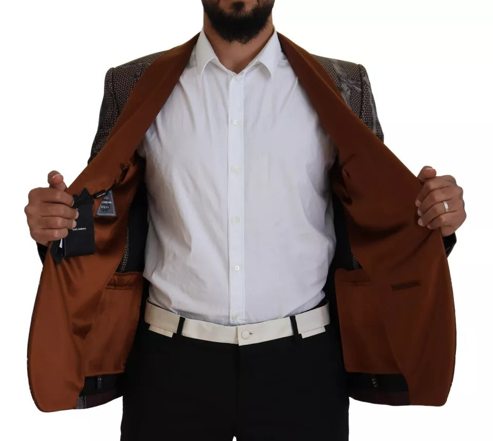 Bronzefarbener, schmaler Blazer aus Seide mit Affen-Print