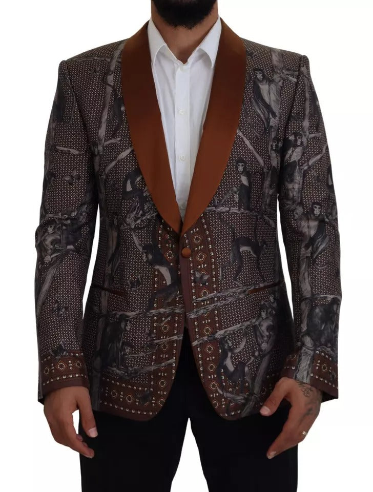 Bronzefarbener, schmaler Blazer aus Seide mit Affen-Print