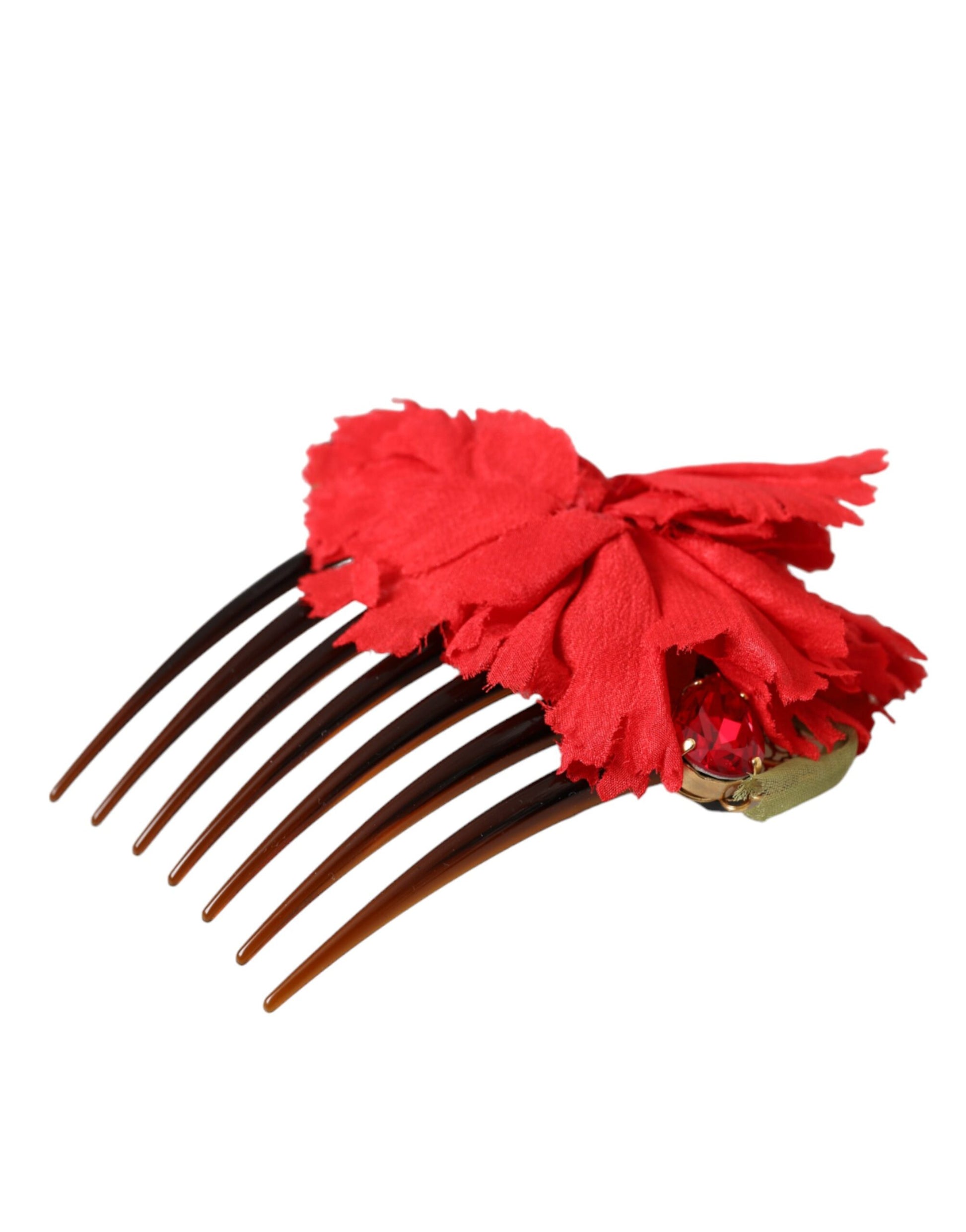 Roter Seiden-Haarkamm mit Blumenmuster und Goldmessing für Damen