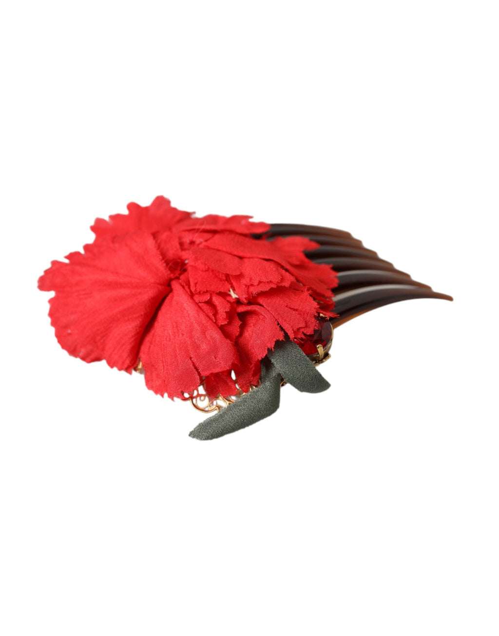 Roter Seiden-Haarkamm mit Blumenmuster und Goldmessing für Damen