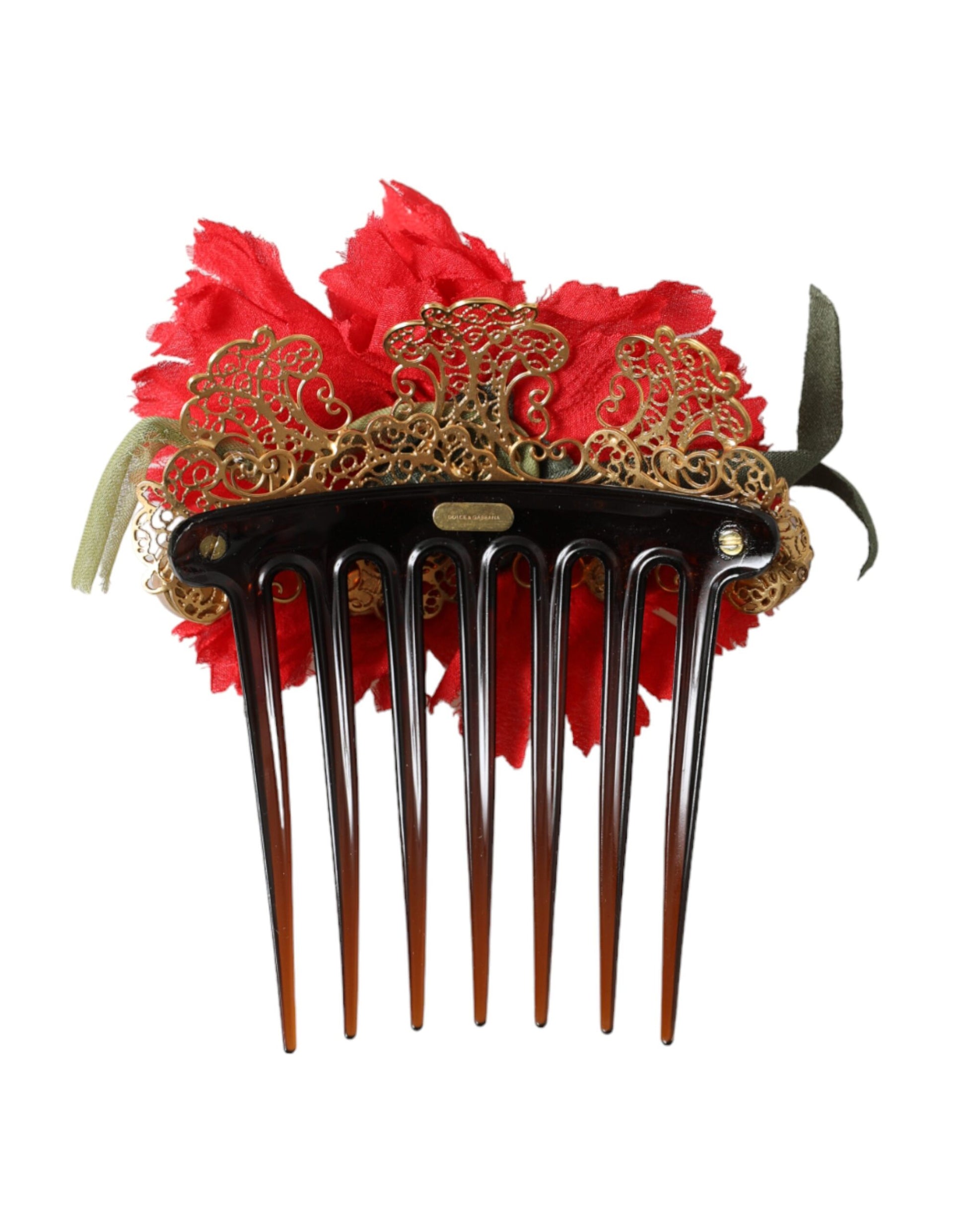 Roter Seiden-Haarkamm mit Blumenmuster und Goldmessing für Damen