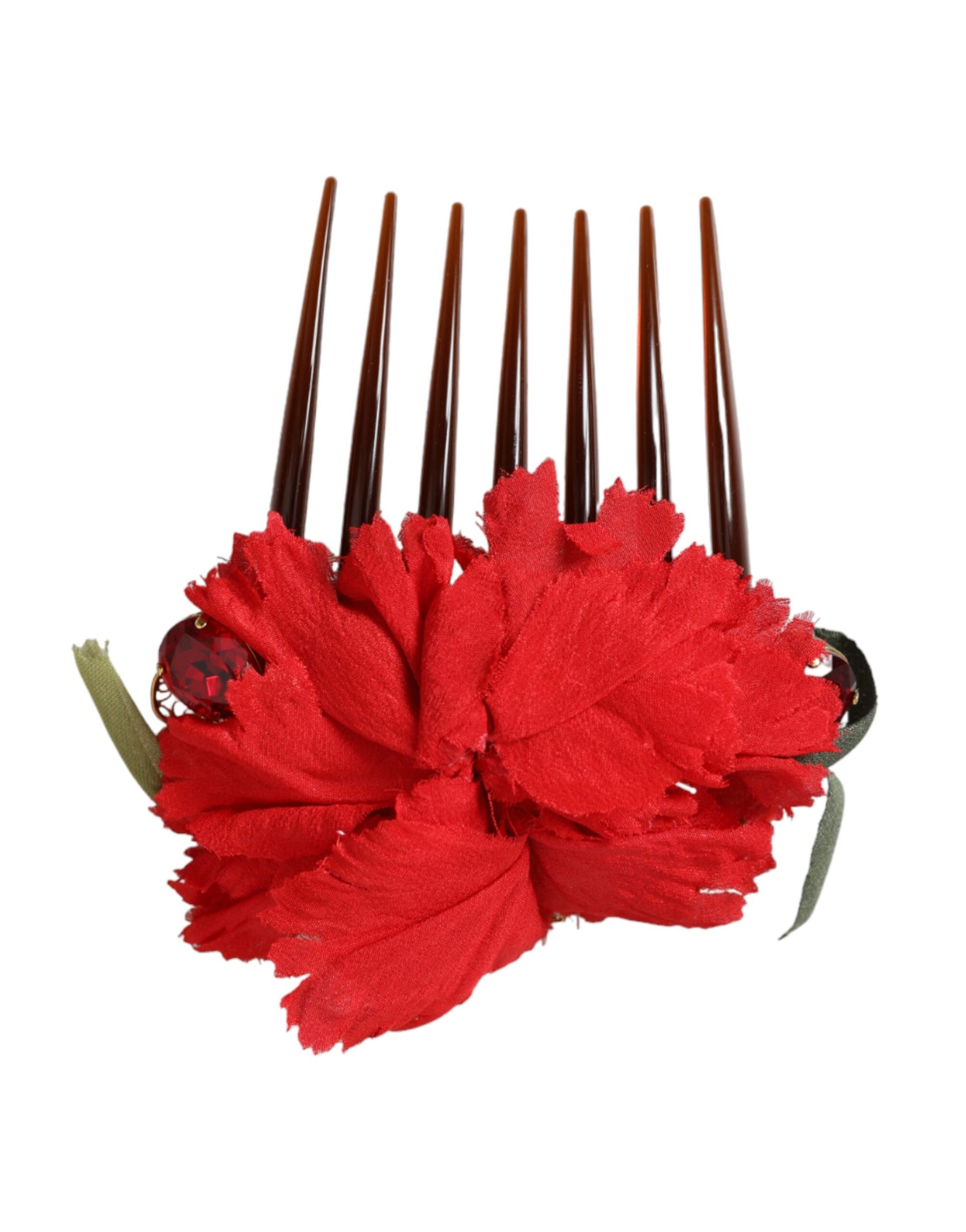 Roter Seiden-Haarkamm mit Blumenmuster und Goldmessing für Damen