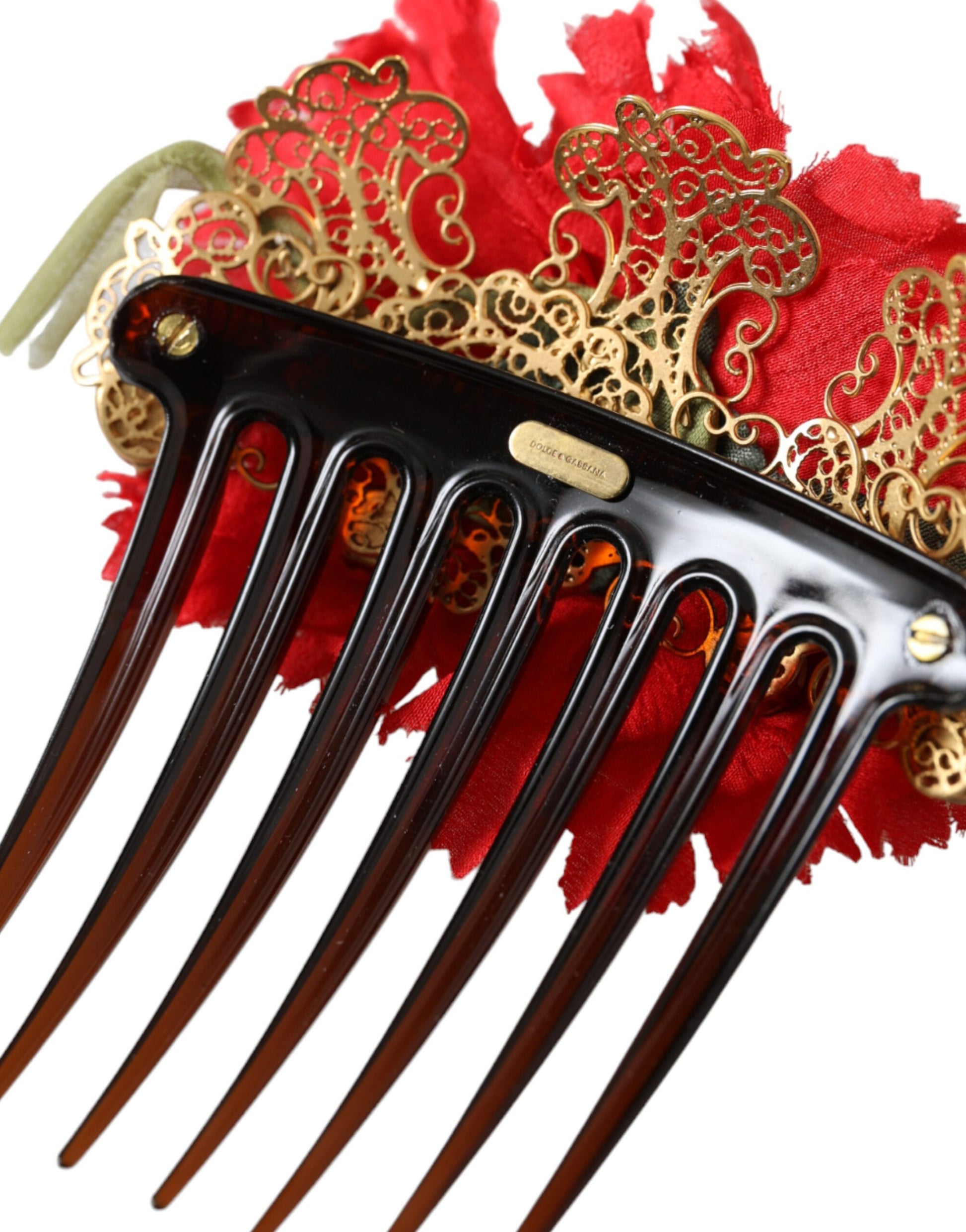 Roter Seiden-Haarkamm mit Blumenmuster und Goldmessing für Damen
