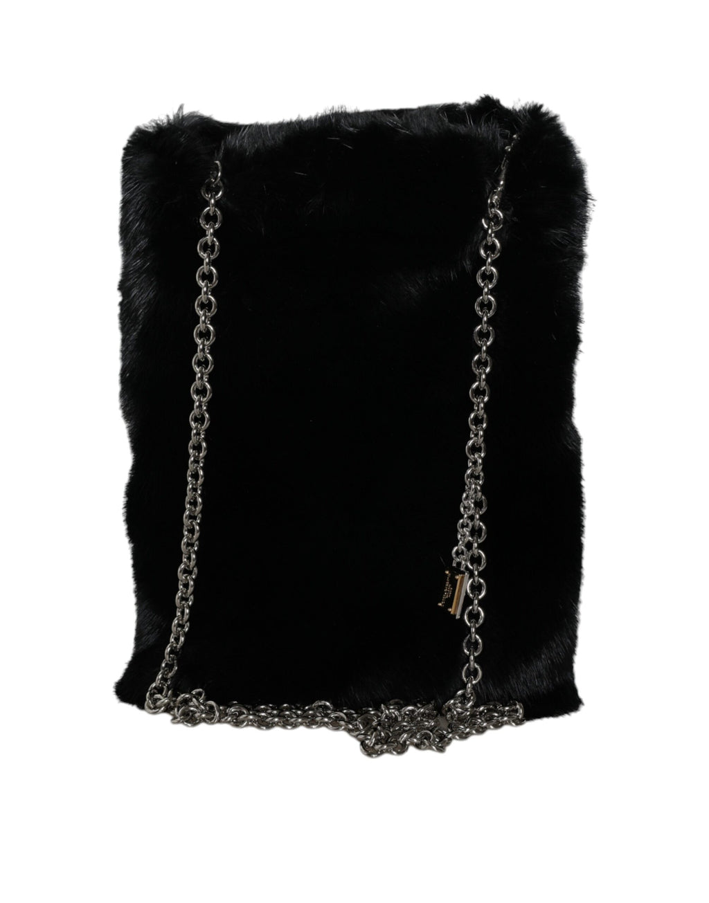 Schwarze Umhängetasche aus Kunstpelz mit silberner Kette
