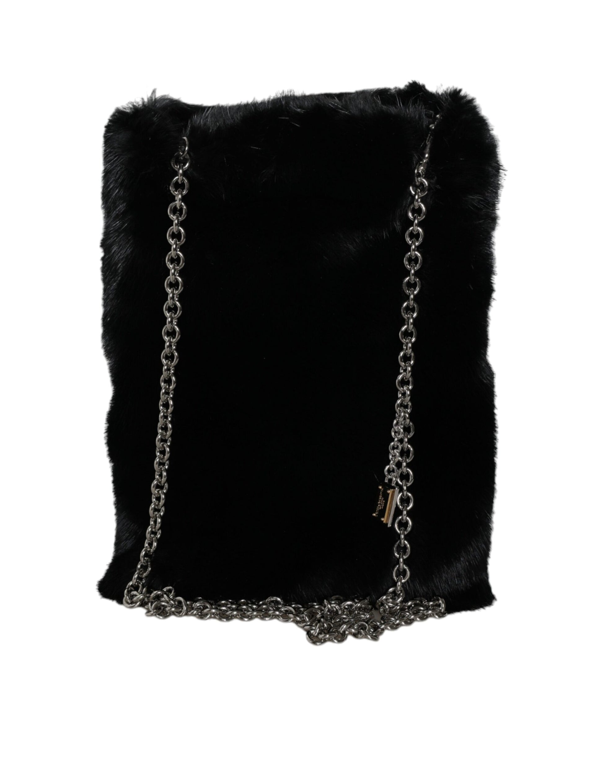 Schwarze Umhängetasche aus Kunstpelz mit silberner Kette