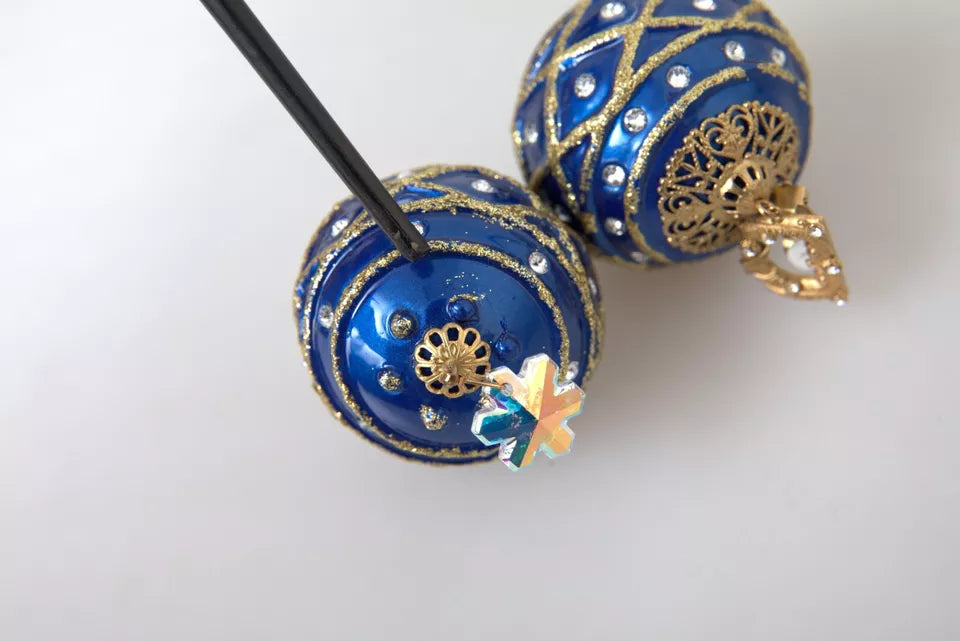 Gold Messing Blau Baumeln Weihnachtskugel Kristall Clip Auf Ohrringe