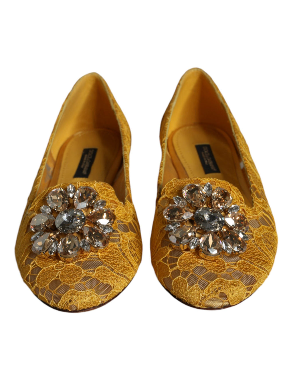 Senfgelbe Loafer-Schuhe mit Kristallen und Spitze